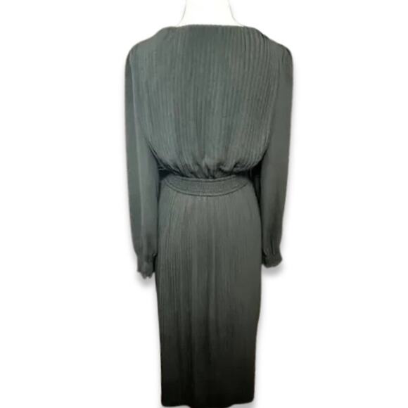 August Sky Midi Dress Pleated V-Neck Balloon Sleeve Elastic Waist Black W S NWOT - Picture 5 of 9